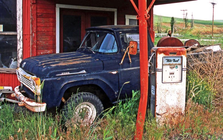 Palouse gas pump, Palouse gas station, Town of Hay WA, Town of Hay Wash., Gas pump in Hay WA, Gas station in Hay WA, Gas pump in Hay Wash., Palouse truck, Fuji Provia 100F, Jeff King Photography