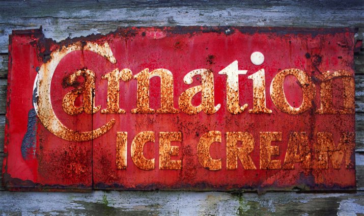 Vintage sign in Mount Vernon WA, Mount Vernon Wash., Carnation ice cream, vintage sign, Fuji Provia 100F, Jeff King Photography