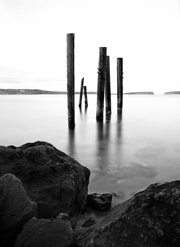Puget Sound pilings, Mukilteo WA waterfront, Mukilteo Wash., waterfront, Mamiya 645 Pro, Fuji Neopan Acros 100, Jeff King Photography