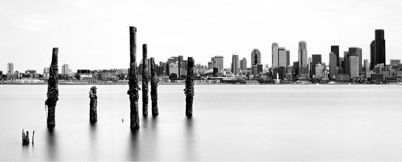 Seattle skyline, Eliott Bay, Alki pilings, Elliott Bay pilings, Puget Sound minus tide, long film exposure, Mamiya 645 Pro, Fuji Neopan 100 Acros, Jeff King Photography