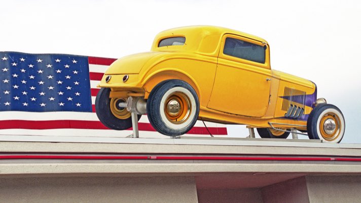 Dusty's In-N-Out Burgers in Wenatchee, Wenatchee Wash., yellow hot rod, Americana, Wenatchee Wash., Wenatchee Ave., Kodak Portra 400, Mamiya 645 Pro, Jeff King Photography