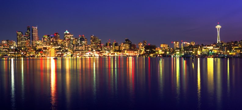 Seattle skyline at night, Seattle skyline, Seattle, Lake Union reflection, Lake Union in Seattle, Jeff King Photography, Mamiya 645 Pro, Fuji Provia 100F