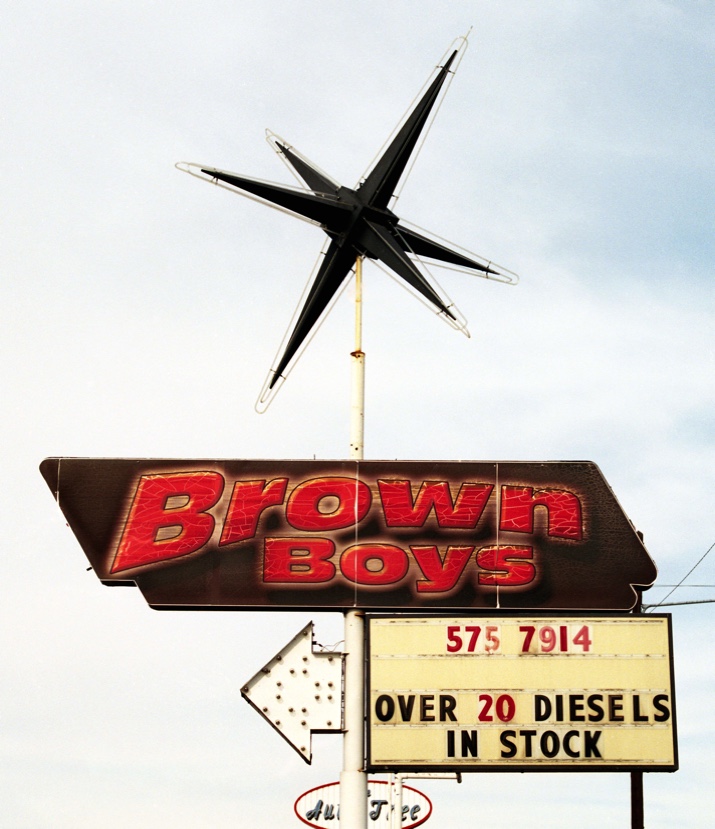 Brown Boys car dealership, Neo-Lectra sign, Brown Boys sign, neon sign, Yakmia WA, Yakima Wash., Kodak Portra 400, Jeff King Photography