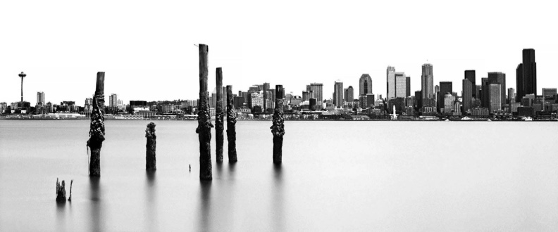 Seattle skyline, Eliott Bay, Alki pilings, Elliott Bay pilings, Puget Sound minus tide, long film exposure, Mamiya 645 Pro, Fuji Neopan 100 Acros, Jeff King Photography