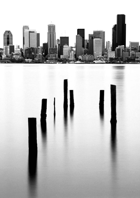 Alki pilings, Seattle skyline, Elliott Bay, Elliott Bay pilings, Fuji Neopan 100 Acros, Jeff King Photography, Mamiya 645 Pro